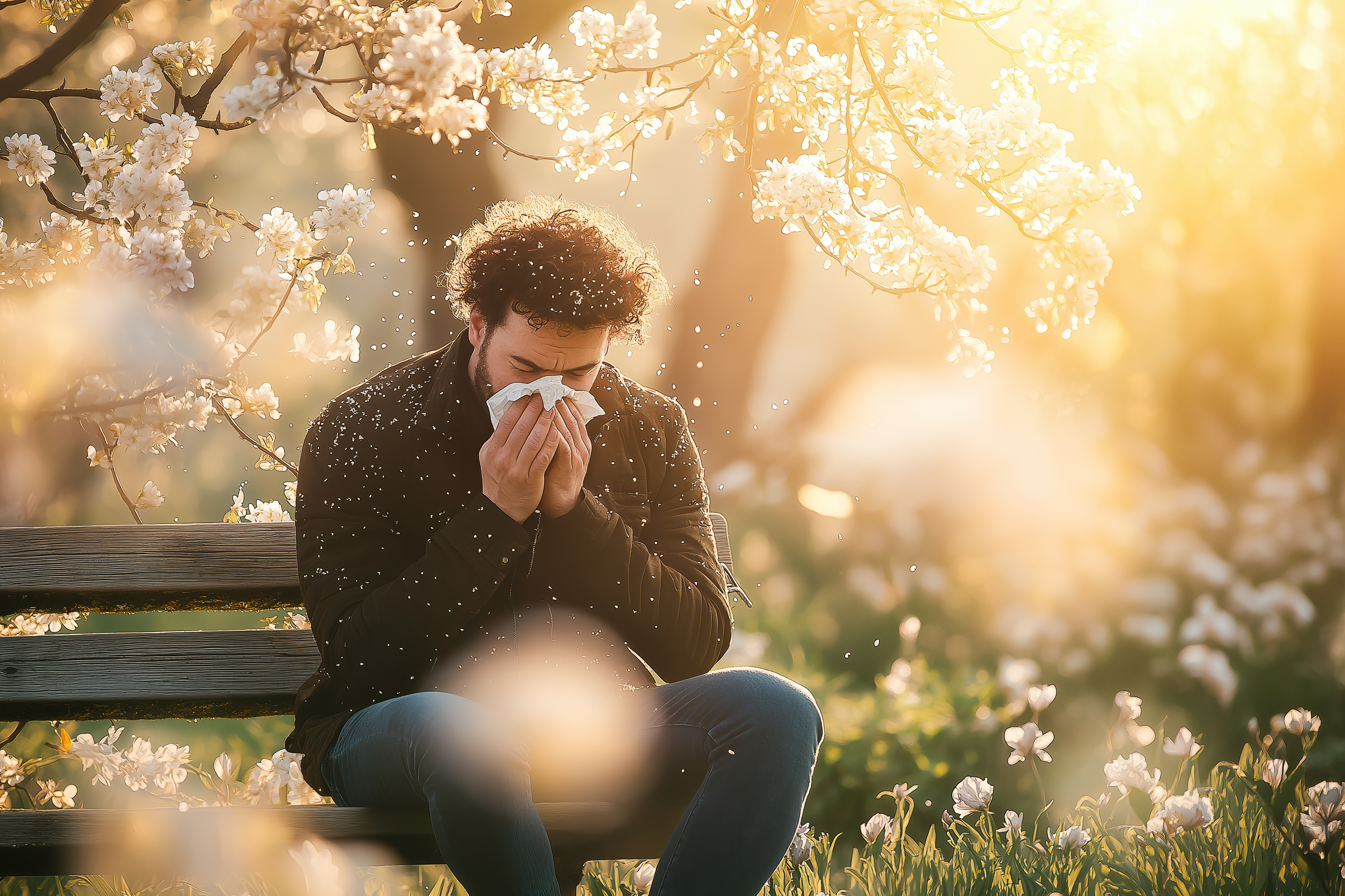 Mann sitzend auf Parkbank und schneutzt in Taschentuch während Pollen umherfliegen